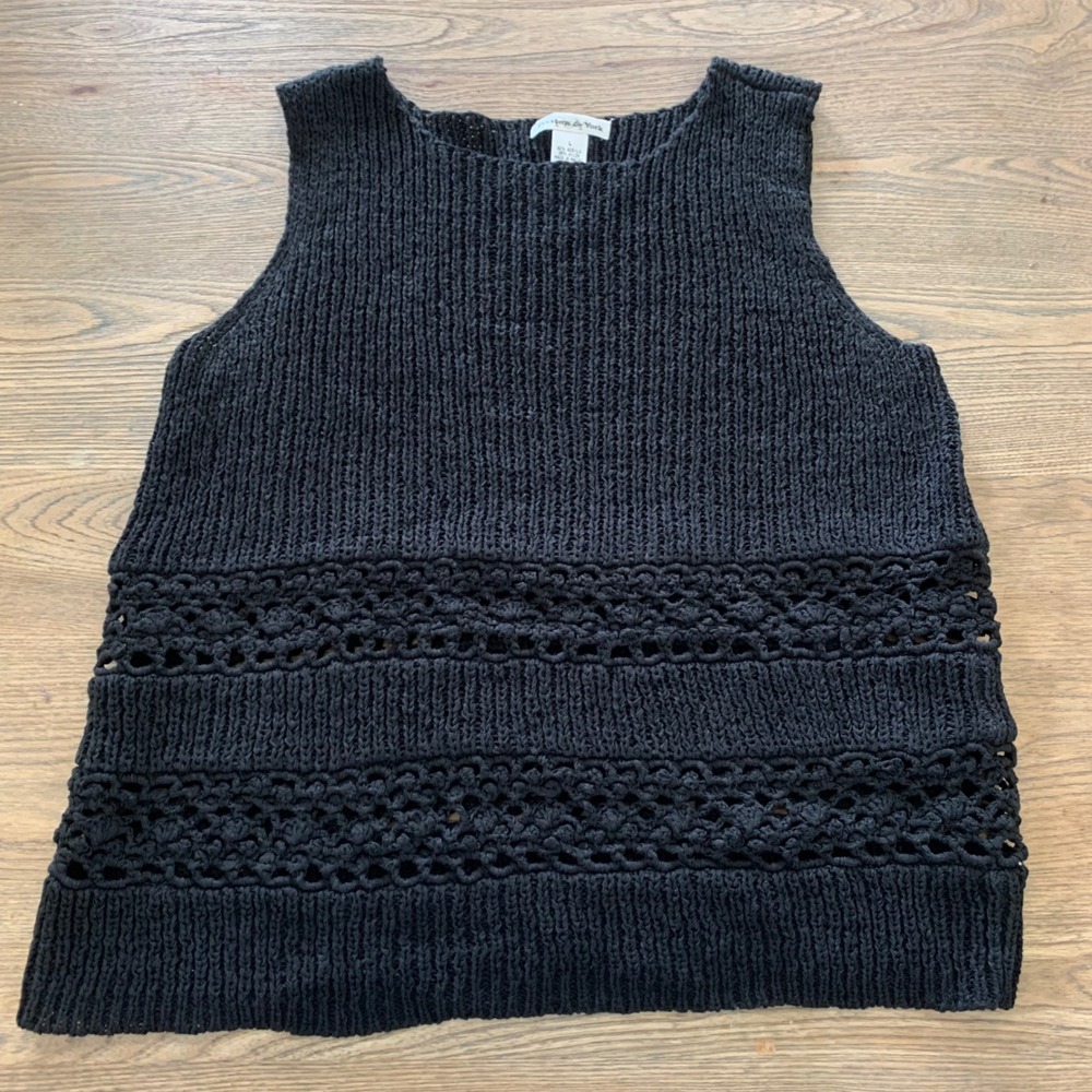 Preston & York Womens Large Black Sleeveless Chunky Knit Top Crochet Detail
